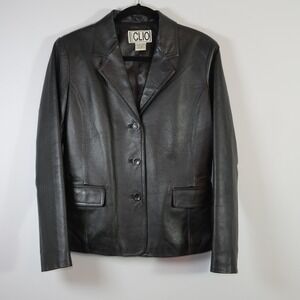 Vintage Clio Black Leather Blazer Jacket 90s Y2K Retro Autumn Size 4